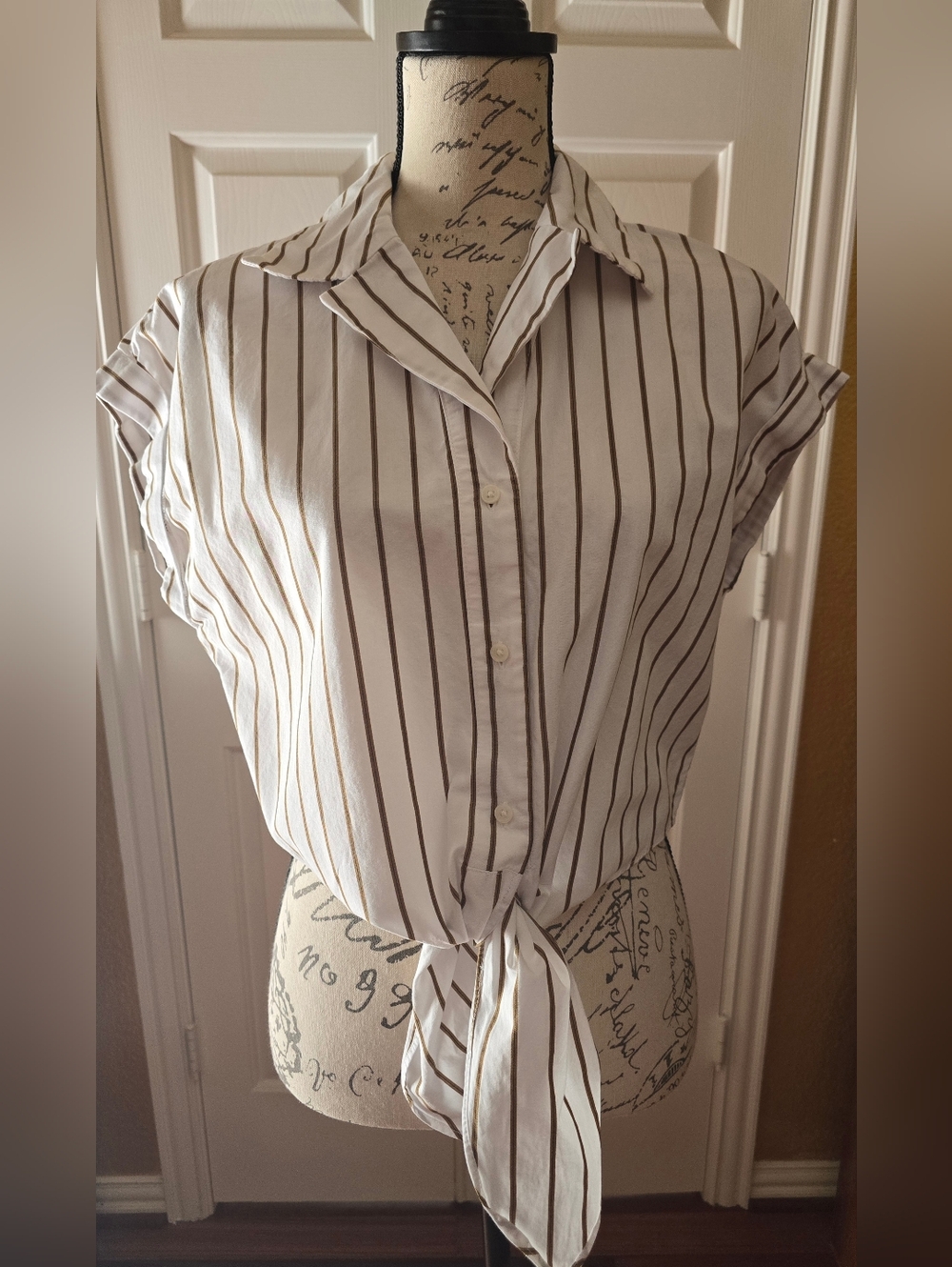 Banana Republic Striped Tie-Front Short Sleeve Button-Up Top - White/Brown S